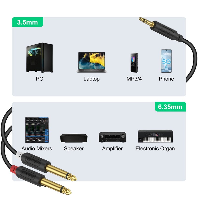 J&D 3.5mm 1/8 inch TRS Male to Dual 6.35mm 1/4 inch TS Male Mono Stereo Y-Cable Splitter with Gold Plated Audiowave Series for Amplifiers, Mixer, Audio Recorder, 15 Feet - Image 4